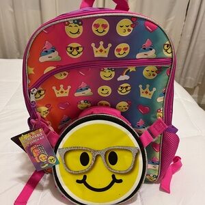 Emoji Print Backpack with detachable Lunch Kit side water-bottle pockets